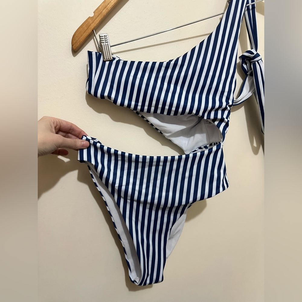 Shady Lady Striped Blue and White One Shoulder One Piece Set